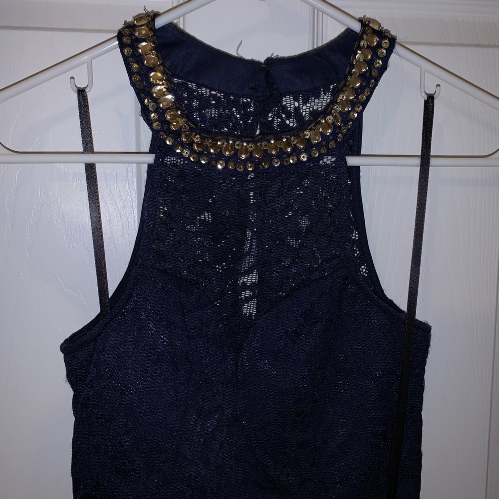 Navy blue two piece dress with high top with gems